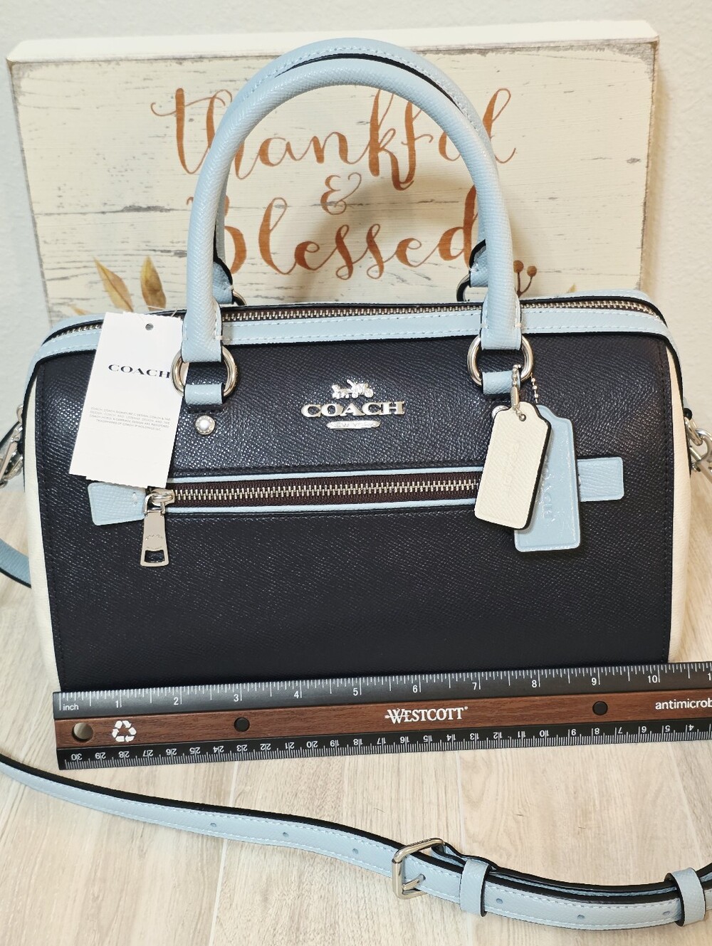 Coach RARE Rowan Colorblock Satchel Crossbody Purse Midnight Blue Chalk Bag - Picture 15 of 16